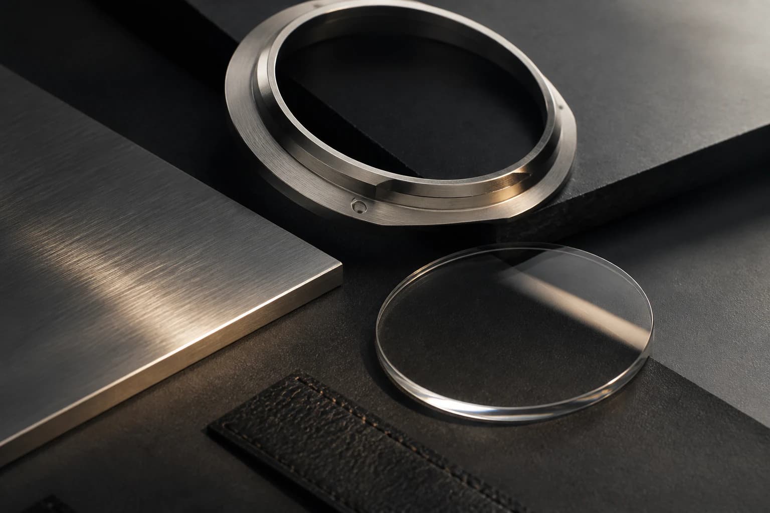 Brushed metal, glass and leather watchmaking materials